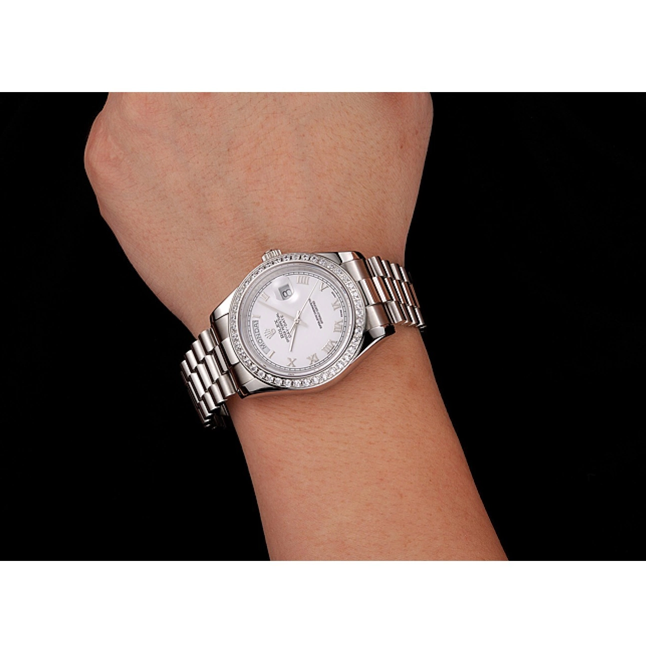 AAA replica watch Case Diamond Bracelet White Day-Date Swiss Dial Rolex Steel 1453967 Stainless 0723